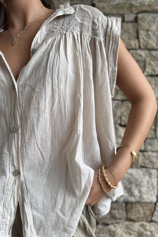 Elsie Pure Cotton Cap Sleeve Blouse Stone